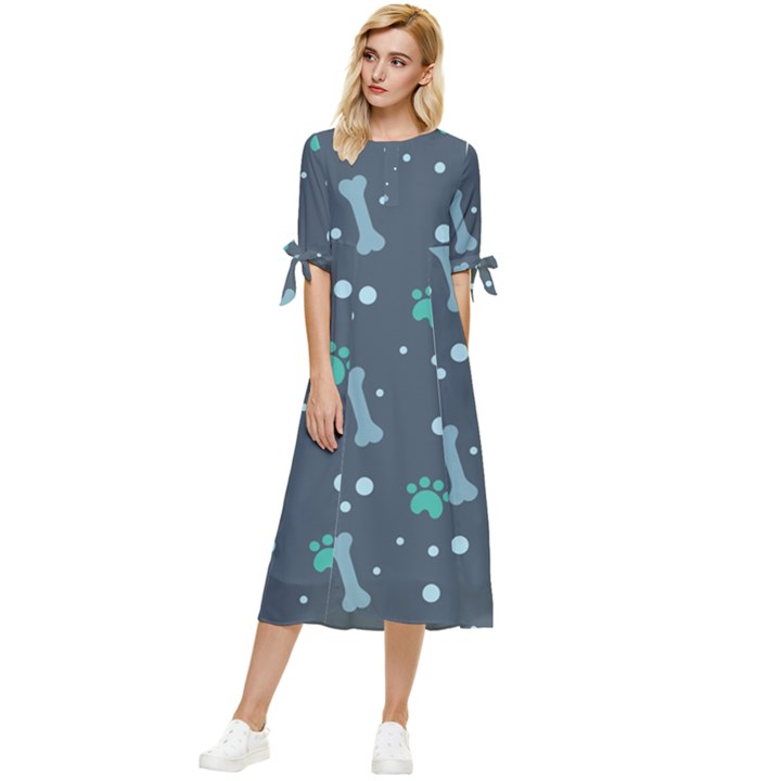 Bons Foot Prints Pattern Background Bow Sleeve Chiffon Midi Dress