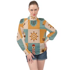 Nautical Elements Collection High Neck Long Sleeve Chiffon Top