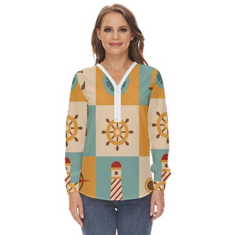 Nautical Elements Collection Zip Up Long Sleeve Blouse by Grandong