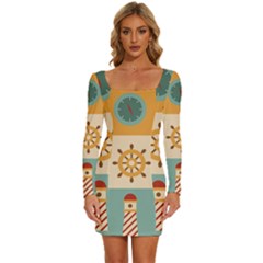 Nautical Elements Collection Long Sleeve Square Neck Bodycon Velvet Dress by Grandong