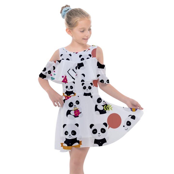 Playing Pandas Cartoons Kids  Shoulder Cutout Chiffon Dress