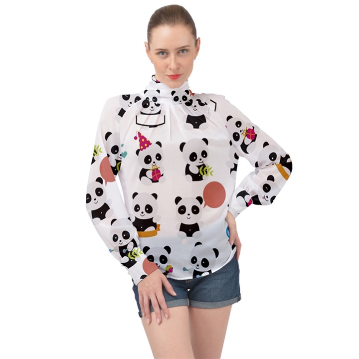 Playing Pandas Cartoons High Neck Long Sleeve Chiffon Top