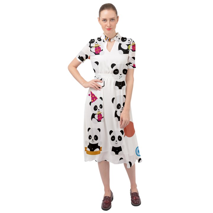 Playing Pandas Cartoons Keyhole Neckline Chiffon Dress