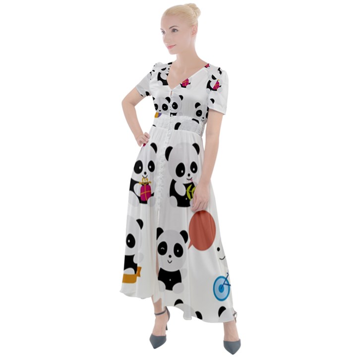 Playing Pandas Cartoons Button Up Short Sleeve Maxi Dress