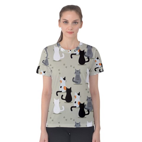 Cute Cat Seamless Pattern Women s Cotton T-shirt by Apen