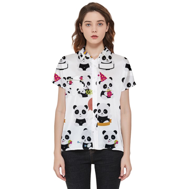 Playing Pandas Cartoons Short Sleeve Pocket Shirt