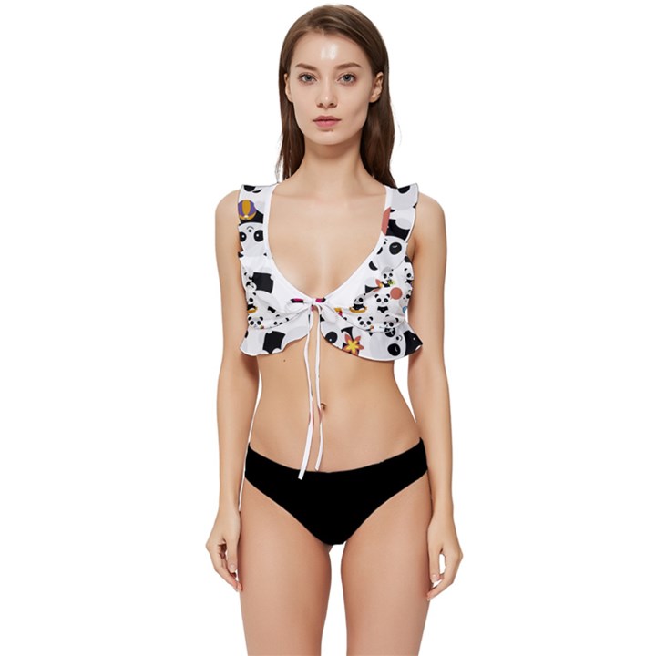 Playing Pandas Cartoons Low Cut Ruffle Edge Bikini Top