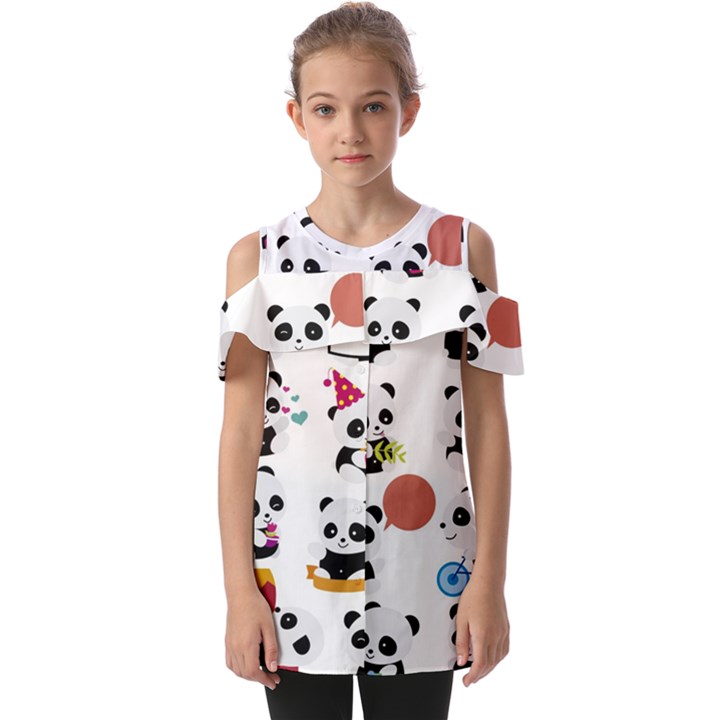 Playing Pandas Cartoons Fold Over Open Sleeve Top