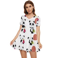 Playing Pandas Cartoons Tiered Short Sleeve Babydoll Dress by Apen