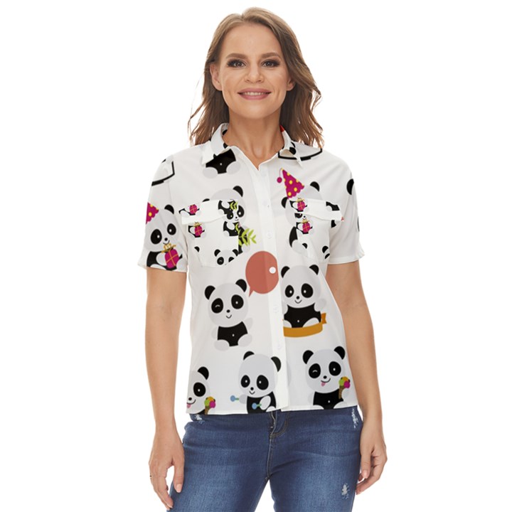 Playing Pandas Cartoons Women s Short Sleeve Double Pocket Shirt