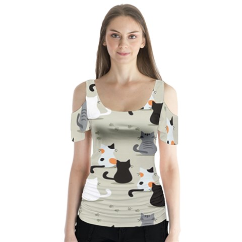 Cute Cat Seamless Pattern Butterfly Sleeve Cutout T-shirt  by Apen