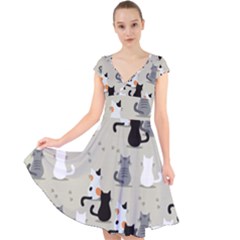 Cute Cat Seamless Pattern Cap Sleeve Front Wrap Midi Dress by Apen