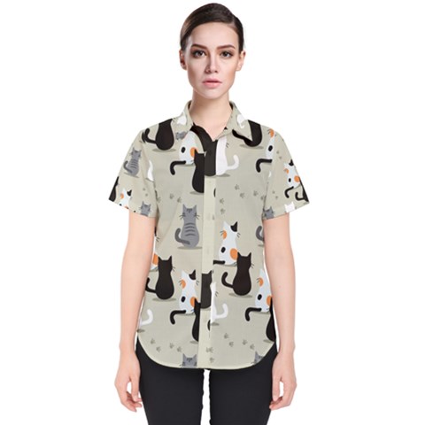 Cute Cat Seamless Pattern Women s Short Sleeve Shirt by Apen