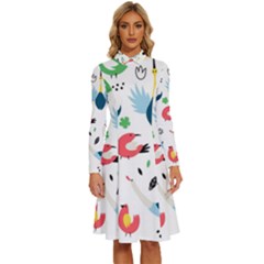 Vector Set Isolates With Cute Birds Scandinavian Style Long Sleeve Shirt Collar A-line Dress by Apen