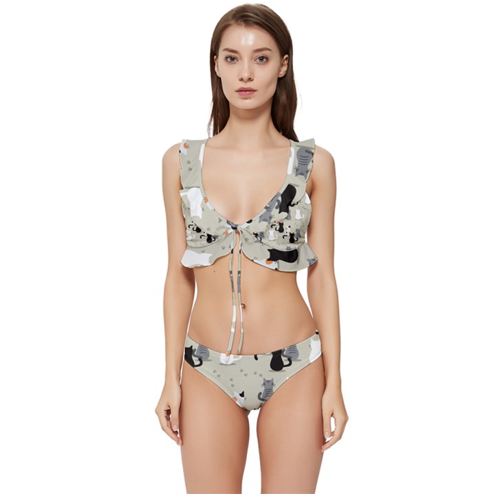 Cute Cat Seamless Pattern Low Cut Ruffle Edge Bikini Set