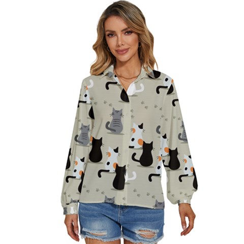 Cute Cat Seamless Pattern Women s Long Sleeve Button Up Shirt by Apen