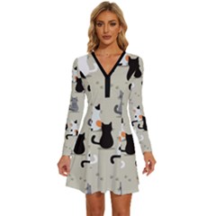 Cute Cat Seamless Pattern Long Sleeve Deep V Mini Dress  by Apen