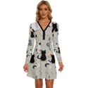 Cute Cat Seamless Pattern Long Sleeve Deep V Mini Dress  View1