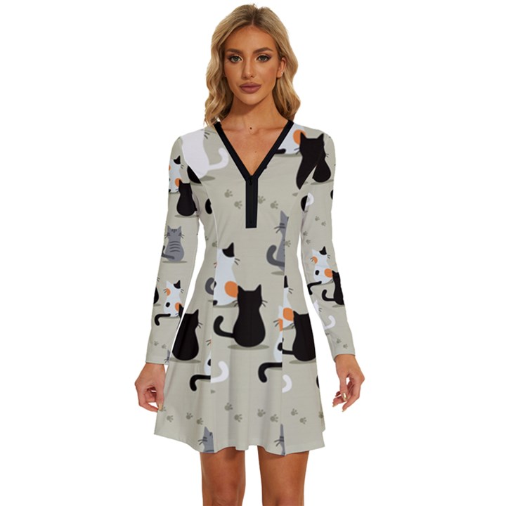 Cute Cat Seamless Pattern Long Sleeve Deep V Mini Dress 