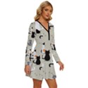 Cute Cat Seamless Pattern Long Sleeve Deep V Mini Dress  View3