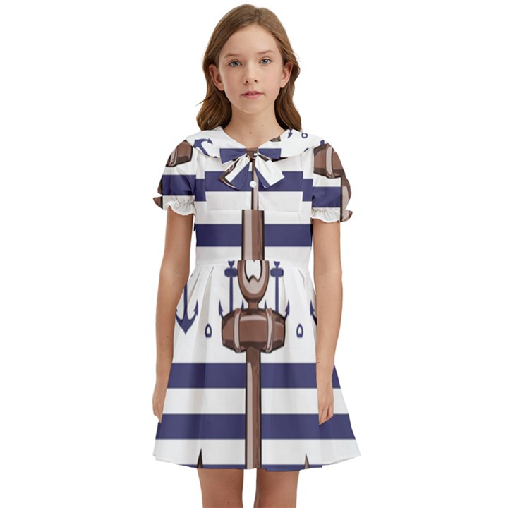 Anchor Background Design Kids  Bow Tie Puff Sleeve Dress