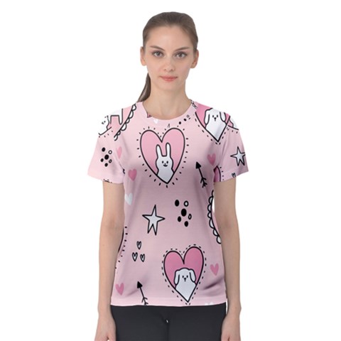 Cartoon Cute Valentines Day Doodle Heart Love Flower Seamless Pattern Vector Women s Sport Mesh T-shirt by Apen