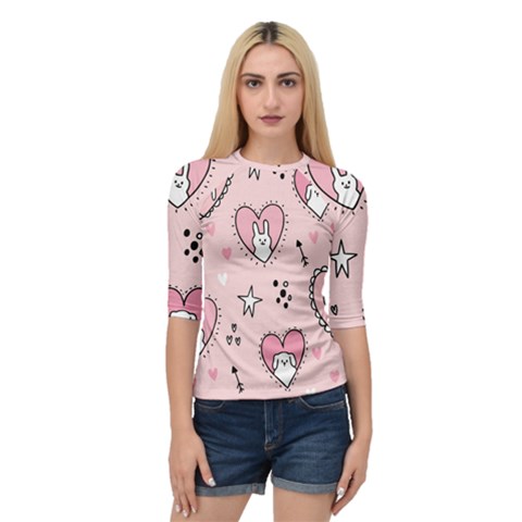 Cartoon Cute Valentines Day Doodle Heart Love Flower Seamless Pattern Vector Quarter Sleeve Raglan T-shirt by Apen