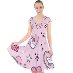 Cartoon Cute Valentines Day Doodle Heart Love Flower Seamless Pattern Vector Cap Sleeve Front Wrap Midi Dress by Apen