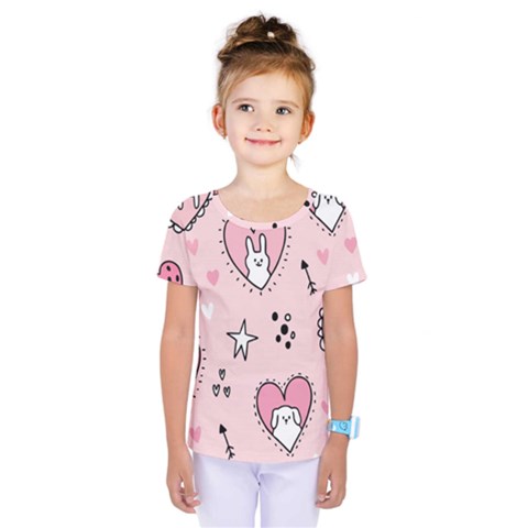 Cartoon Cute Valentines Day Doodle Heart Love Flower Seamless Pattern Vector Kids  One Piece T-shirt by Apen