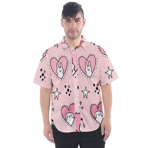 Cartoon Cute Valentines Day Doodle Heart Love Flower Seamless Pattern Vector Men s Short Sleeve Shirt by Apen