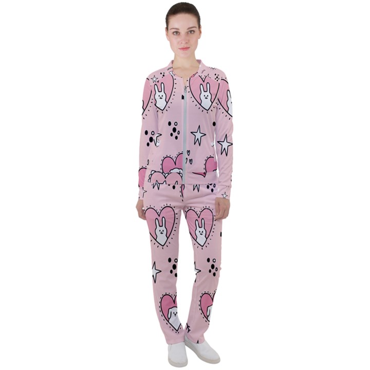 Cartoon Cute Valentines Day Doodle Heart Love Flower Seamless Pattern Vector Casual Jacket and Pants Set