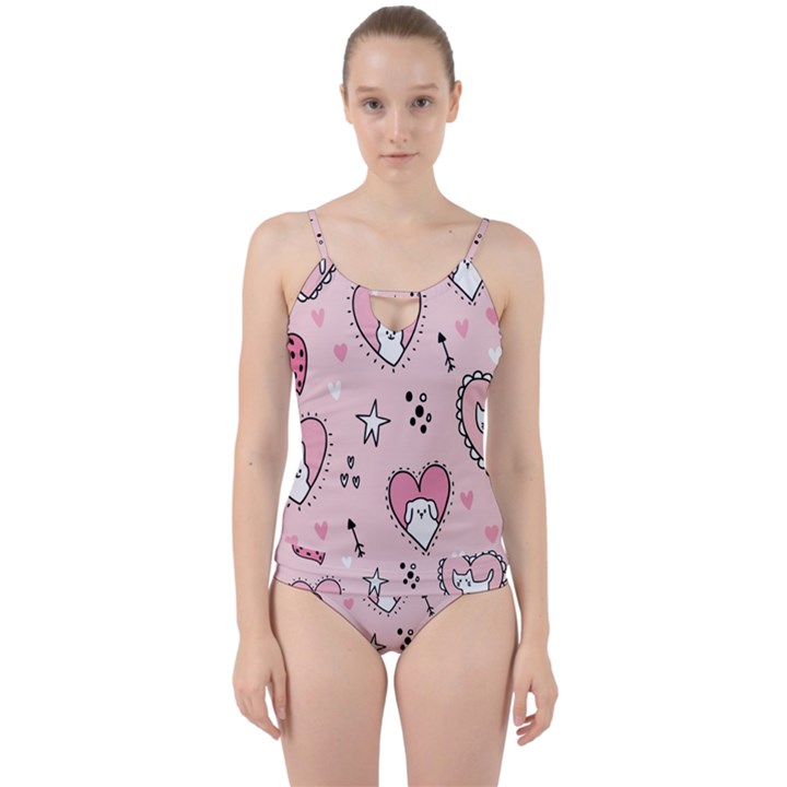 Cartoon Cute Valentines Day Doodle Heart Love Flower Seamless Pattern Vector Cut Out Top Tankini Set