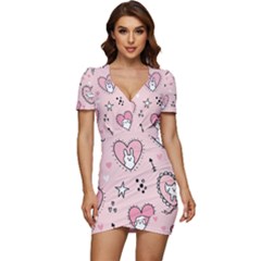 Cartoon Cute Valentines Day Doodle Heart Love Flower Seamless Pattern Vector Low Cut Cap Sleeve Mini Dress by Apen