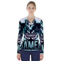 Gamer Illustration Gamer Video Game Logo V-neck Long Sleeve Top by Sarkoni