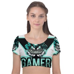 Gamer Illustration Gamer Video Game Logo Velvet Short Sleeve Crop Top  by Sarkoni