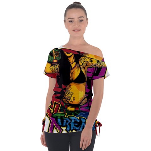 Xtreme Skateboard Graffiti Off Shoulder Tie-up T-shirt by Sarkoni