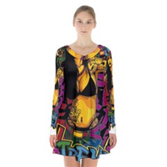 Xtreme Skateboard Graffiti Long Sleeve Velvet V-neck Dress by Sarkoni