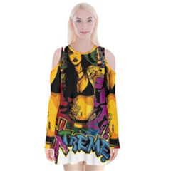 Xtreme Skateboard Graffiti Velvet Long Sleeve Shoulder Cutout Dress by Sarkoni