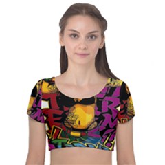 Xtreme Skateboard Graffiti Velvet Short Sleeve Crop Top  by Sarkoni