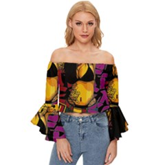 Xtreme Skateboard Graffiti Off Shoulder Flutter Bell Sleeve Top by Sarkoni