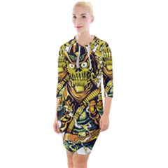 Cowboy Skeleton With Gun Illustration Quarter Sleeve Hood Bodycon Dress by Sarkoni