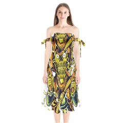 Cowboy Skeleton With Gun Illustration Shoulder Tie Bardot Midi Dress by Sarkoni