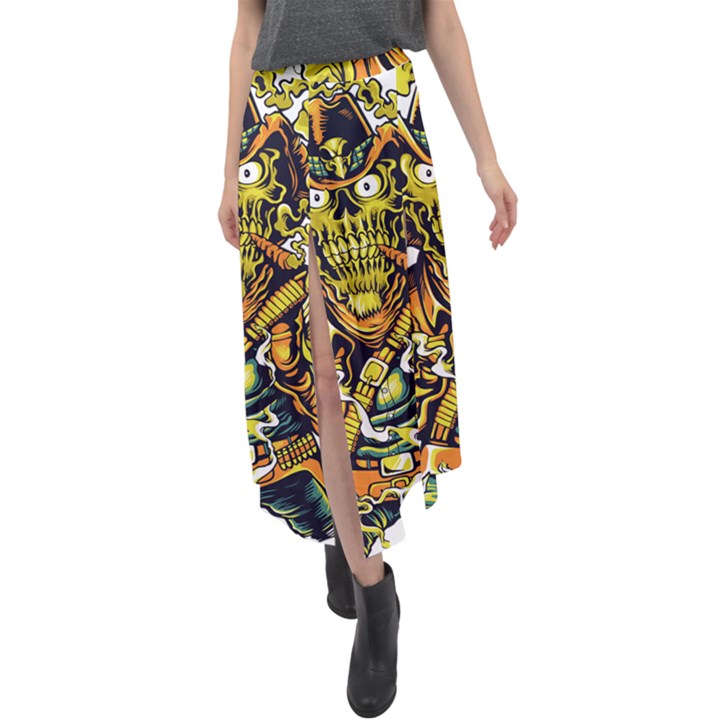 Cowboy Skeleton With Gun Illustration Velour Split Maxi Skirt