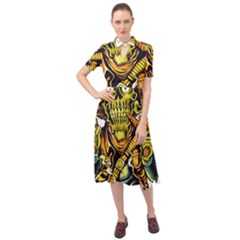 Cowboy Skeleton With Gun Illustration Keyhole Neckline Chiffon Dress by Sarkoni