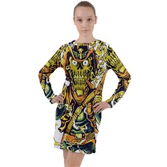 Cowboy Skeleton With Gun Illustration Long Sleeve Hoodie Dress by Sarkoni