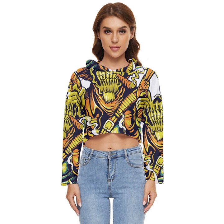 Cowboy Skeleton With Gun Illustration Women s Lightweight Cropped Hoodie