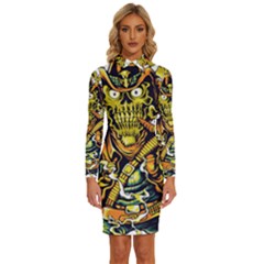 Cowboy Skeleton With Gun Illustration Long Sleeve Shirt Collar Bodycon Dress by Sarkoni