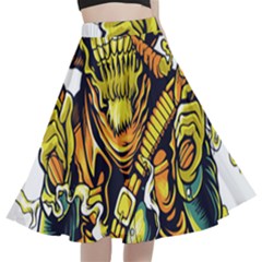 Cowboy Skeleton With Gun Illustration A-line Full Circle Midi Skirt With Pocket by Sarkoni