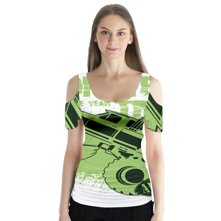 Monster Truck Illustration Green Car Butterfly Sleeve Cutout T-Shirt 