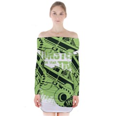 Monster Truck Illustration Green Car Long Sleeve Off Shoulder Dress by Sarkoni